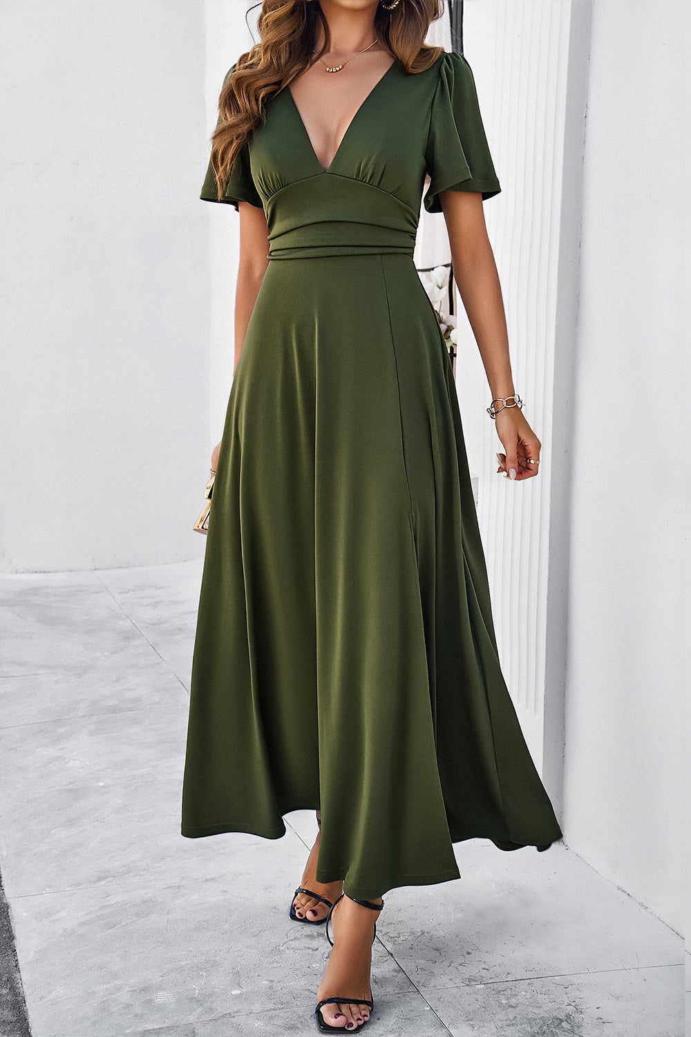 Slit V-Neck Short Sleeve Dress - store name